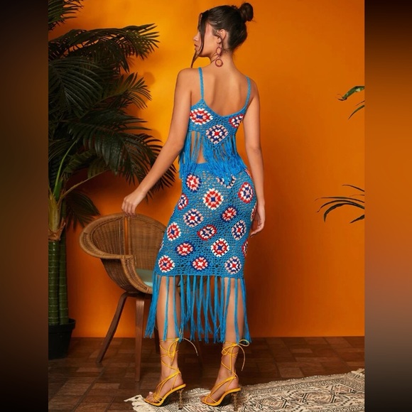 #135 Crochet 2 pieces Floral Patterns Tassel Trim Pointelle Kint Top And Skirt - Picture 2 of 6